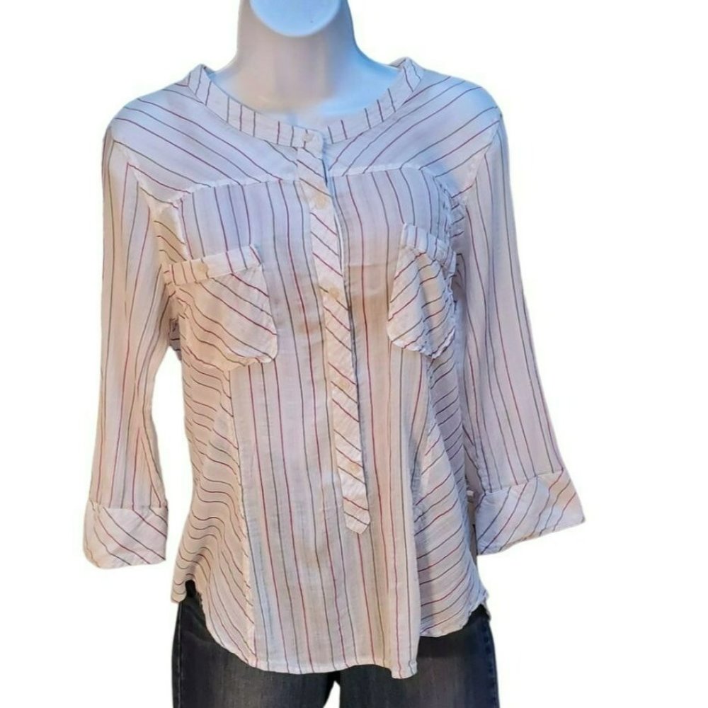 C and C California White Women's Pink Green Three Quarter Sleeve Top Large